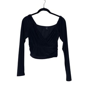 Windsor Surplice Crop Top Womens XS Black Stretch Long Sleeve Ruched